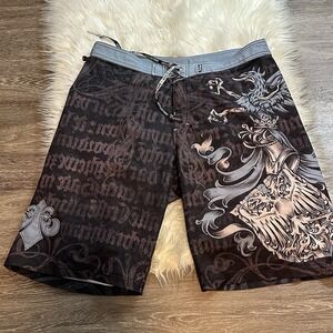 Affliction Board‎ Shorts Mens 36 Brown Gothic Eagle Shield Y2K MMA Swim Trunks